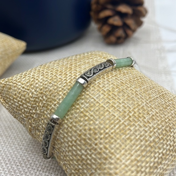 20th Century 925 Sterling Silver Jadeite & Marcasite Link Bracelet - Picture 3 of 9
